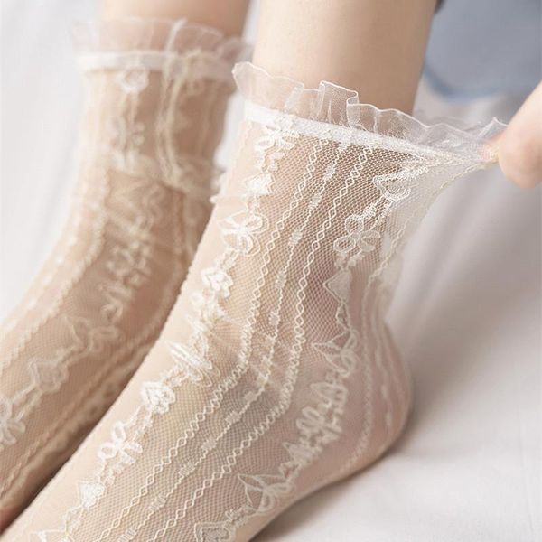 Chaussettes Bonneterie Japon Style Sexy Dentelle À Volants Ultra-mince Transparent Été Creux Maille Équipage Femmes Mode Harajuku Rétro Longues ChaussettesChaussettes