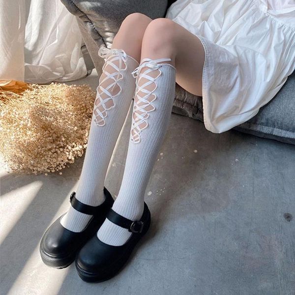 Chaussettes Bonneterie Japonais Ins Harajuku Genou Chaussette Haute Gothique Femme Ruban Bandage Arc Coton Bas Avec Oreilles En Bois Étudiant Fille Lolita