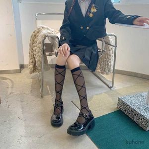 Sokken kousen Japanse stijl vrouwen sexy rhombus cross kousen zomer dunne nylon long socks college stijl jk lolita meisjes lagere knie sokken