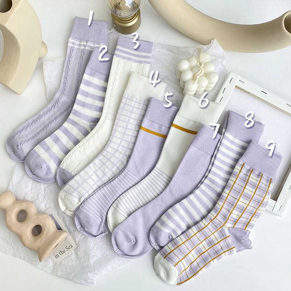 Chaussettes Bonneterie Nouveau Taro Violet Mode Femmes Chaussettes Rayé Plaid Haute Qualité Coton Chaussettes Femme Japonais Coréen Harajuku Mignon Chaussette Skarpetki T221102