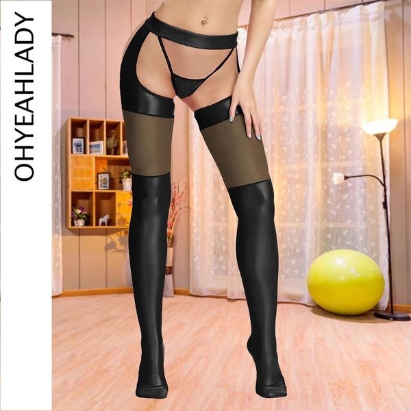 Chaussettes Bonneterie Ohyeahlady Dames Collants En Cuir Boîte De Nuit Chaussettes Serrées M Lingerie Sexy Bas Lisse Entrejambe Sous-Vêtements Longs String Ensemble 231021