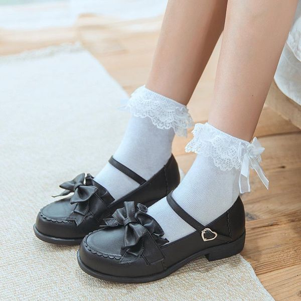 Chaussettes bonneterie paire douce femmes dentelle à volants arc cheville chaussette doux confortable coton élastique tricot volant garniture en gros EstSocks