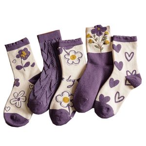 Sokken kousen paarse stijl bedrukt warme sokken dames lange dikke winter wollen sokken 3d bloem mooie been warme handen harajuku Korea 230330