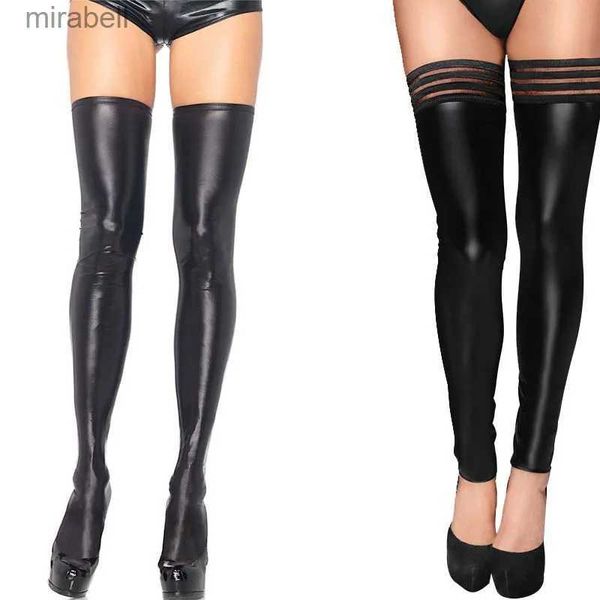 Calcetines Calcetería Sexy Negro Cuero sintético Fetiche Aspecto húmedo Medias hasta el muslo metálicas Medias altas hasta el muslo con antideslizante Stay Up Talla grande YQ240122