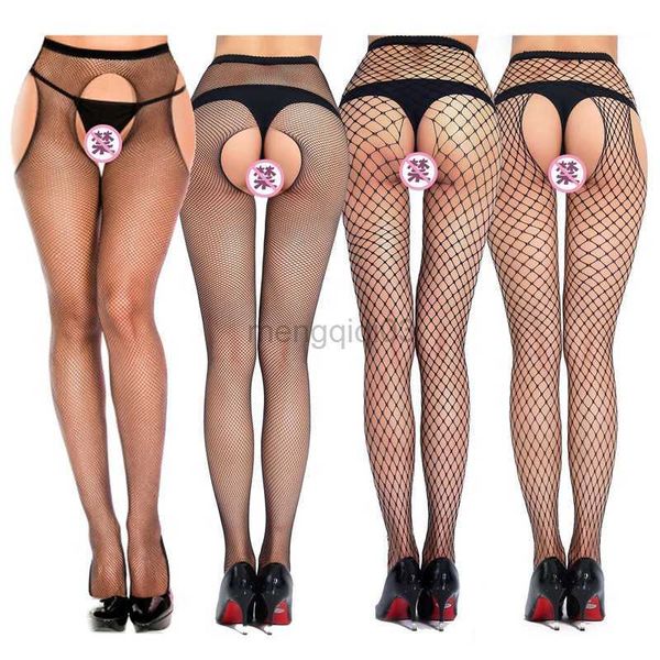 Chaussettes Bonneterie Sexy Ouvert Entrejambe Maille Collants Femmes Collants Sans Entrejambe Évider Noir Soie Bas Résille Taille Haute Culotte Lingerie Médias Y23