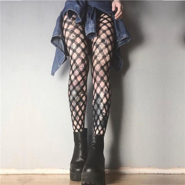 Chaussettes Bonneterie Sexy Femmes Bas Résille Collants Maille Filet Trous Collants Transparents Gothique Punk Fille Club Fête Noir FemaleSocks