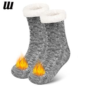 Chaussettes bonneterie chaussettes pantoufles pour hommes chaussettes antidérapantes douces d'hiver chaussettes de sol doublées de polaire épaisse thermique avec pinces chaussettes de lit de couchage 231215