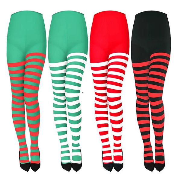 Chaussettes Bonneterie Femmes Collants Rayés De Noël Collants Pleine Longueur Cuisse Haute Bas pour Fête De Noël Maquillage Décoration De Bal Costume Cosplay 231016