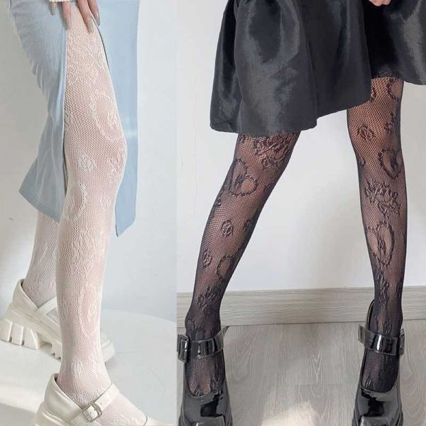 Chaussettes Bonneterie Femmes Français Style Royal Résille Collants Vintage Coeur Floral Jacquard Tatouage Collants Maille Bas T220930