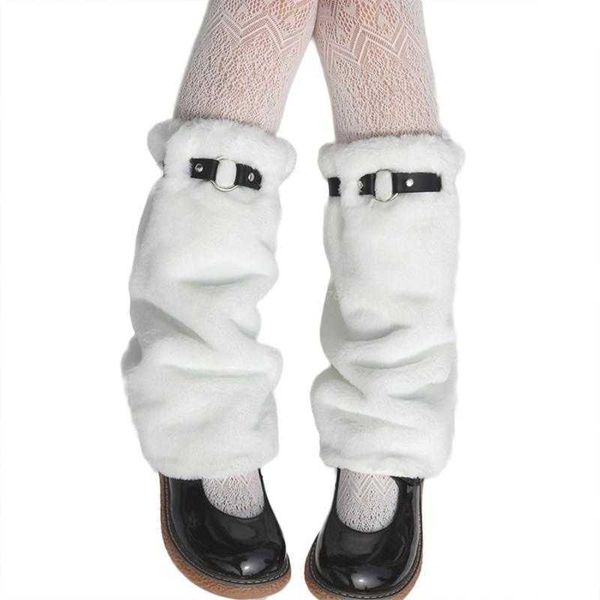 Calcetines Calcetería Mujeres Niñas Invierno Felpa Calentadores de piernas con cinturón de hebilla de cuero sintético Japonés Lolita Dent Kawaii Rodilla Calcetines altos Pie de piel sintética T221107