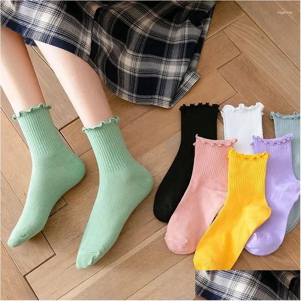 Chaussettes Hosiery Femmes Ruffle Summer Lolita Spring Crew Style Couleur Mignon Solide Frilly Japonais Princesse Coton Mode Maiden Drop Delive Otnvh