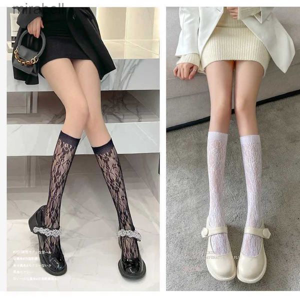 Chaussettes Bonneterie Femmes Sexy Dentelle Maille Imprimé Bas Genou Chaussettes Hautes Doux Nylon Élastique Résille Filles Chaussettes Mignonnes Mode Longues Jambes Chaussettes Noir YQ240122