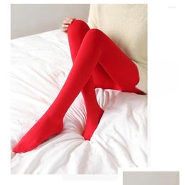 Chaussettes féminines thermiques femme collants thermiques Femme Fleece Collons Y Hiver Stocks rouges solides chauds Slim épaissis Elastic Veet Femme Leggin DHMU2