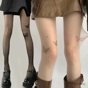 Calcetines Hosiery Y2K Womens Ultra-Dino Molcañas Vintage Fake Tattoo Mariposa Black Transparente Seda Chicas Lolita Medias de verano