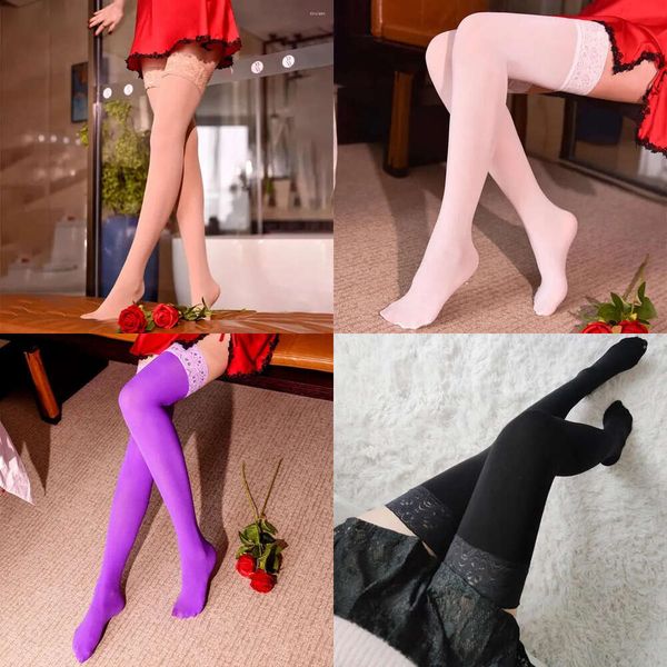 Chaussettes femmes 120d veet cuisses high médias de mujer sexy dentelle top silicone maintient les bas d'élasticité féminine hosiery cosplay lingerie 's