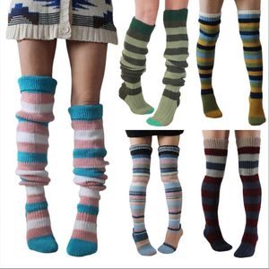 Sokken wollen gestreepte knie hoge sokken mode gebreide stapel kousen voor vrouwen casual Europees Amerikaanse chaussette been warmers ondergoed bc225