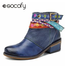 Socofy, Botas de Mujer de cuero genuino, Botines bohemios Vintage, zapatos de Mujer con cremallera, zapatos de tacón bajo para Mujer, Botas de Mujer 201020