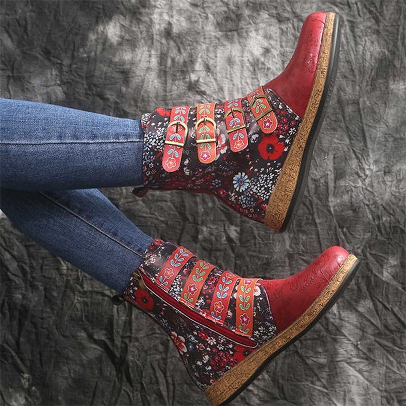 Socofy Women Boots Retro impresso de metal fivela de couro macio zíper de tornozel