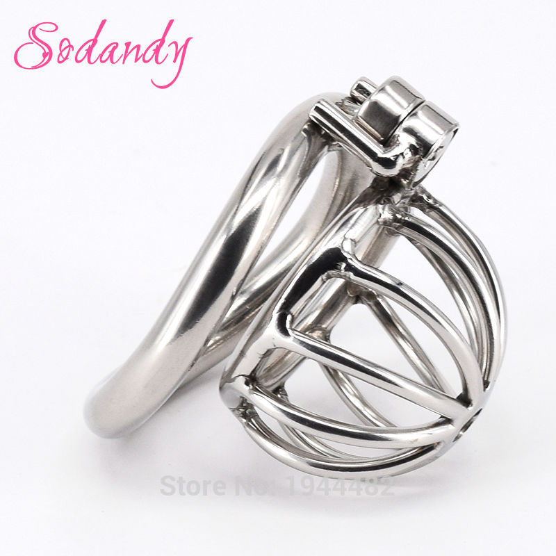 SODANDY Chastity Devices Male Small Penis Lock Stainless Steel Chastity Belt Metal Cock Cage For Men With Curved Penis Rings