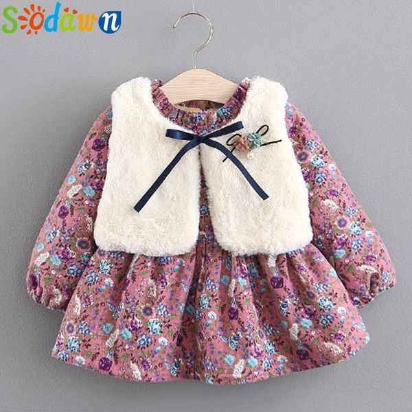 Sodawn bébé filles robe automne et hiver filles épaissir plus velours à manches longues vers le bas robe + fourrure blanche gilet 2 pièces costume enfants vêtements 210317