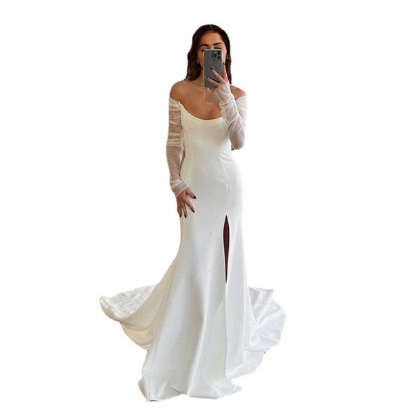 Sodigne perles perle sirène robes de mariée satin plage satin robes nuptiales v-colme femme côté coup de mariage divisé robe de fête de mariage