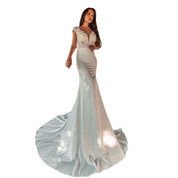 SoDigne Robe De Mariée Sirène Avec Manches De Tir Simple Satin Col En V Boho Robe De Mariée Robes De Fête De Mariage