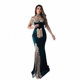Sodigne Moroccan Caftan Dr Dr Gold Appliques Lace Lace Splite Divectado High Neck Mermaid Veet Arabic Prom Gowns Party Dr B0PV#