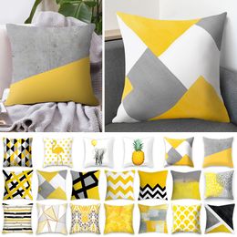 Oreillers de canapé simplicité nordique 45 cm * 45 cm peluche douce imprimé carré feuille d'ananas jaune oreiller couverture géométrique lit chaise siège arrière coussin décoratif oreiller