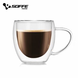 Soffe Tasse à café en verre de haute qualité avec poignée 250ML 350ml Double couches en verre résistant à la chaleur Creative Milk Tea Drinking Cup 201029