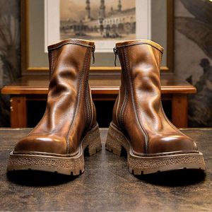 Chaussures de vache souples en cuir véritable pour hommes, bottes rétro à plateforme, faites à la main, chaudes et élégantes, pour mariage, sociales