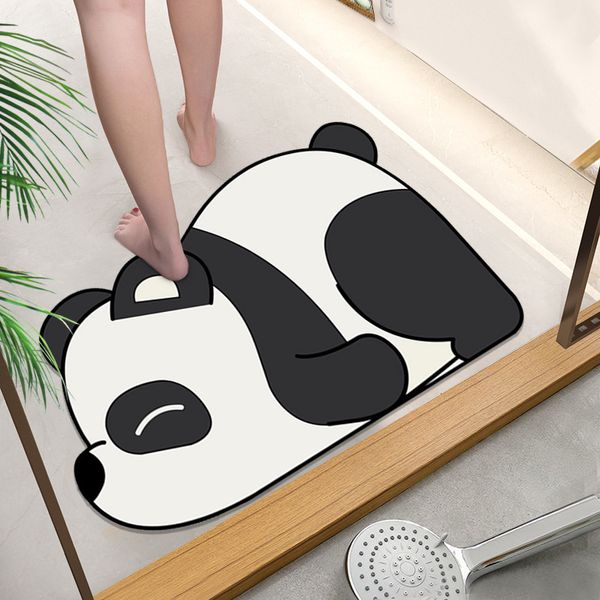 Tapis de sol panda en terre de diatomées douce pour porte de toilette, tapis de salle de bain absorbant l'eau et antidérapant