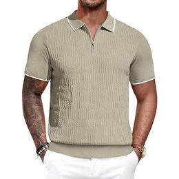 Tissu doux texture géométrique Couleur Couleur Polo Collits Collits à manches courtes Quarte à manches Zip Tyture Tyned T pour hommes