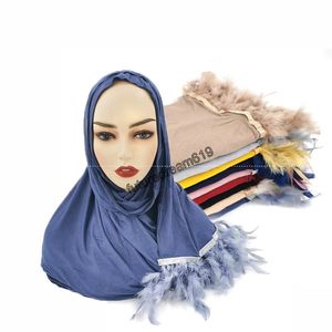 Suave pluma tassel jersey hijab bufanda mujeres hijabs musulmanes color sólido franja bufandas largos chales hembra islámica turban foulard