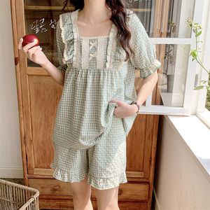 Zachte huis schattige korte mouw shorts pyjama's set vrouwen vlinderdas casual tweedelig set zomer kanten plaid elegant comfortabele ins