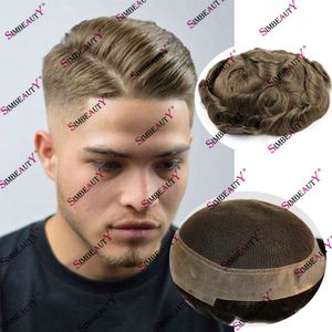 Cheveux Humains Doux Blond Noir Français Dentelle PU Bord Hommes Toupet Respirant Dentelle Base Usage Quotidien Perruque pour Hommes Unités de Remplacement de Cheveux