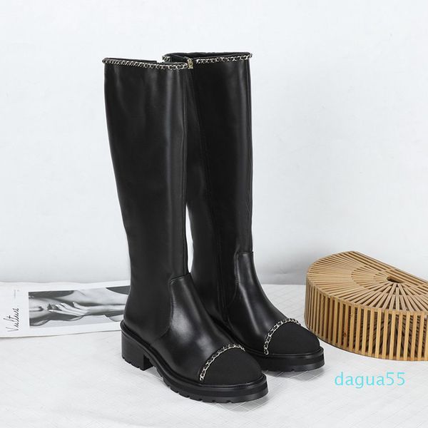 Bottes noires en cuir souple à la mode, bottes d'hiver à bout rond, hauteur du genou, avec fermeture éclair, bottes longues de styliste, taille 35-41