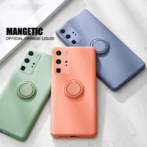 Zachte vloeibare siliconen hoesjes voor Huawei P40 P30 P20 PRO MATE 30 20 HEER 20 30 V30 PRO NOVA 7 6 SE magnetische ringhouder achteromslag