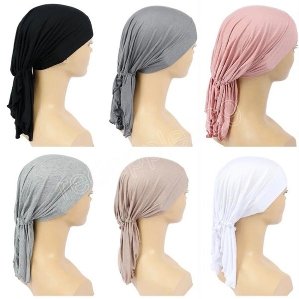 Mode doux couleur unie femmes enveloppé Hijabs chapeaux Femme musulmane bandes élastiques longue queue Turban casquette Simple bandanas chapeaux