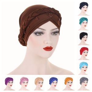 Doux Musulman Perles Modal Jersey Hijab Chapeau Solide Slip Corde Longue Tresse Turban Cap Bonnet Tête Écharpe Wrap Pré-Cravate Strech Chapeaux