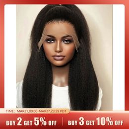 Perruque Lace Front Wig synthétique Yaki douce et naturelle, 26 pouces, densité 180, longue, noire, crépue, lisse, pre-plucked, sans colle, cheveux de bébé, partie centrale