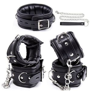 Kit rembourré doux, noir PU cuir poignets poignets cheville poignets col cou ensemble, BDSM Bondage Sex Toys de contrainte pour couple q0506