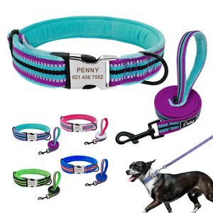 Zachte gevoerde hondenkraag en leiband set gepersonaliseerde nylon reflecterende hondenkraag aangepaste huisdier halsbanden voor kleine medium grote honden 211006