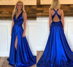 Doux Satin Bleu Royal Robes De Soirée De Bal Avec Haute Fente Sexy Col En V Unique Dos Nu Élégant Robe De Soirée Formelle robes de baile Party