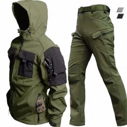 Soft Shell Costume militaire hommes imperméable tactique 2 pcs ensemble peau de requin coupe-vent veste à capuche multi-poches pantalons cargo uniformes T5Jh #