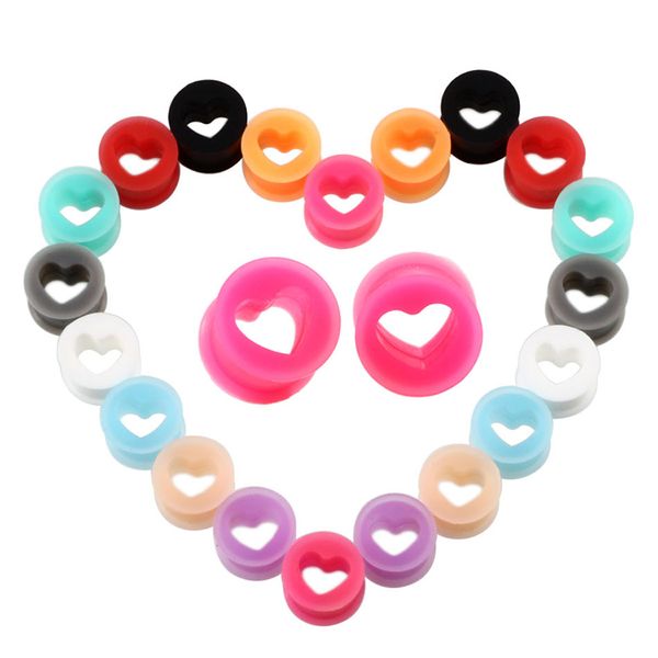 Tunnel d'oreille en silice souple bouchons d'oreille coeur creux 6- 16mm bijoux de corps jauges d'oreille coeur Silicone mélanger les couleurs