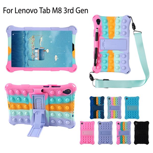 Étui à bulles anti-stress en silicone souple pour Lenovo Tab M8 8,0 pouces 3e 4e enfants, étui de protection antichoc avec support de tablette avec stylet et bretelles