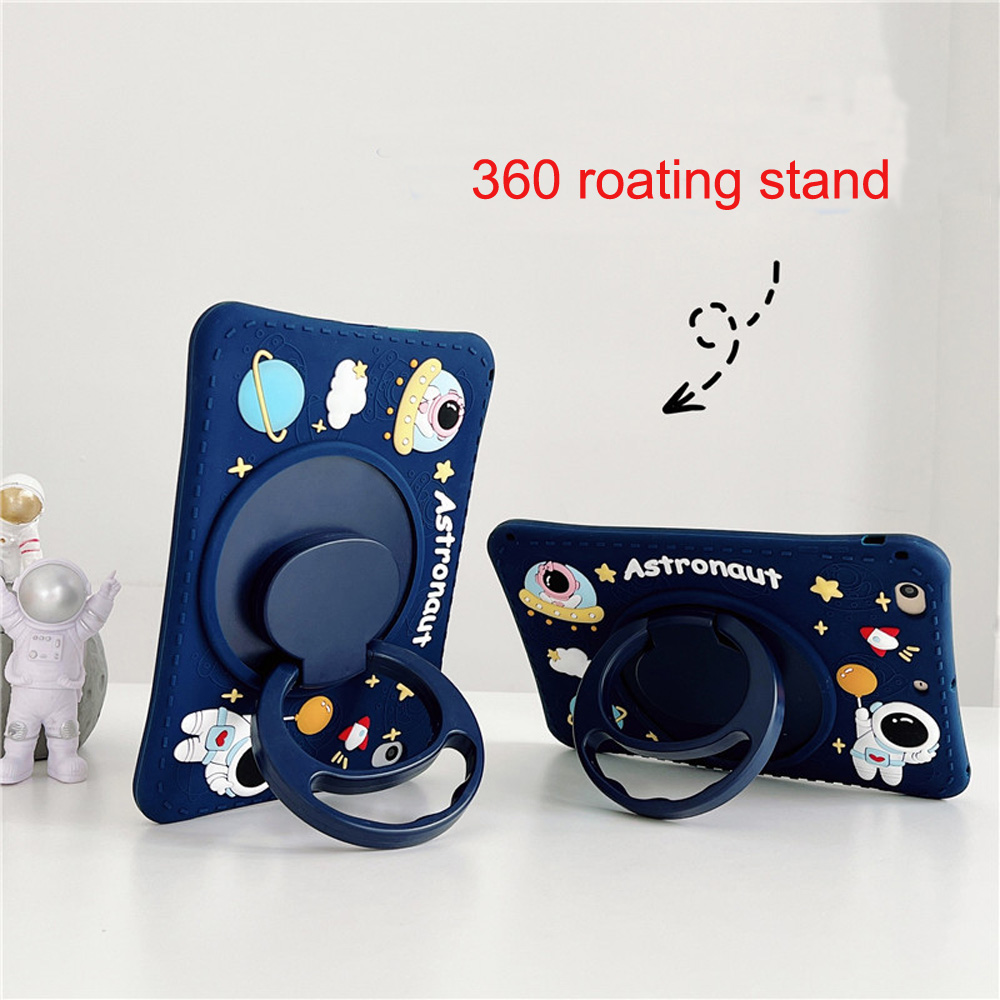 Fundas de astronauta de silicona suave para iPad Mini 5 4 3 7.° 8.° 9.° 3D Kawaii Cool 360 Rotation Kickstand Niños Niñas Niños Mujeres iPad Pro 11 Cubierta protectora completa con cordón