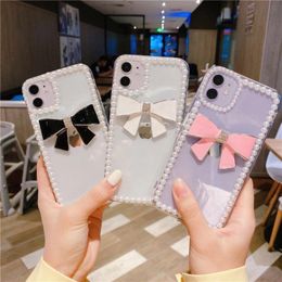 Soft Silicone Cartoon Cute Bowknot Case pour iPhone 12 11 ProMAX X XR XS 7 8plus Coque Lovely Tassel Pearl Soft Tpu Cover pour iPhone 12