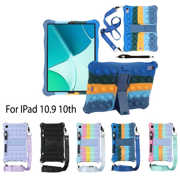 Étui de protection en silicone souple pour iPad 10e génération 10,9 pouces, étuis pour tablettes antichoc pour enfants, coque de protection pour jouet Push Bubble Fidget avec stylet + bandoulière