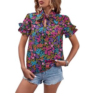Zachte rekbare blouse etnische stijl bloemenprint dames zomershirt met stand kraag ruches korte mouw losse pasvorm voor een 240412